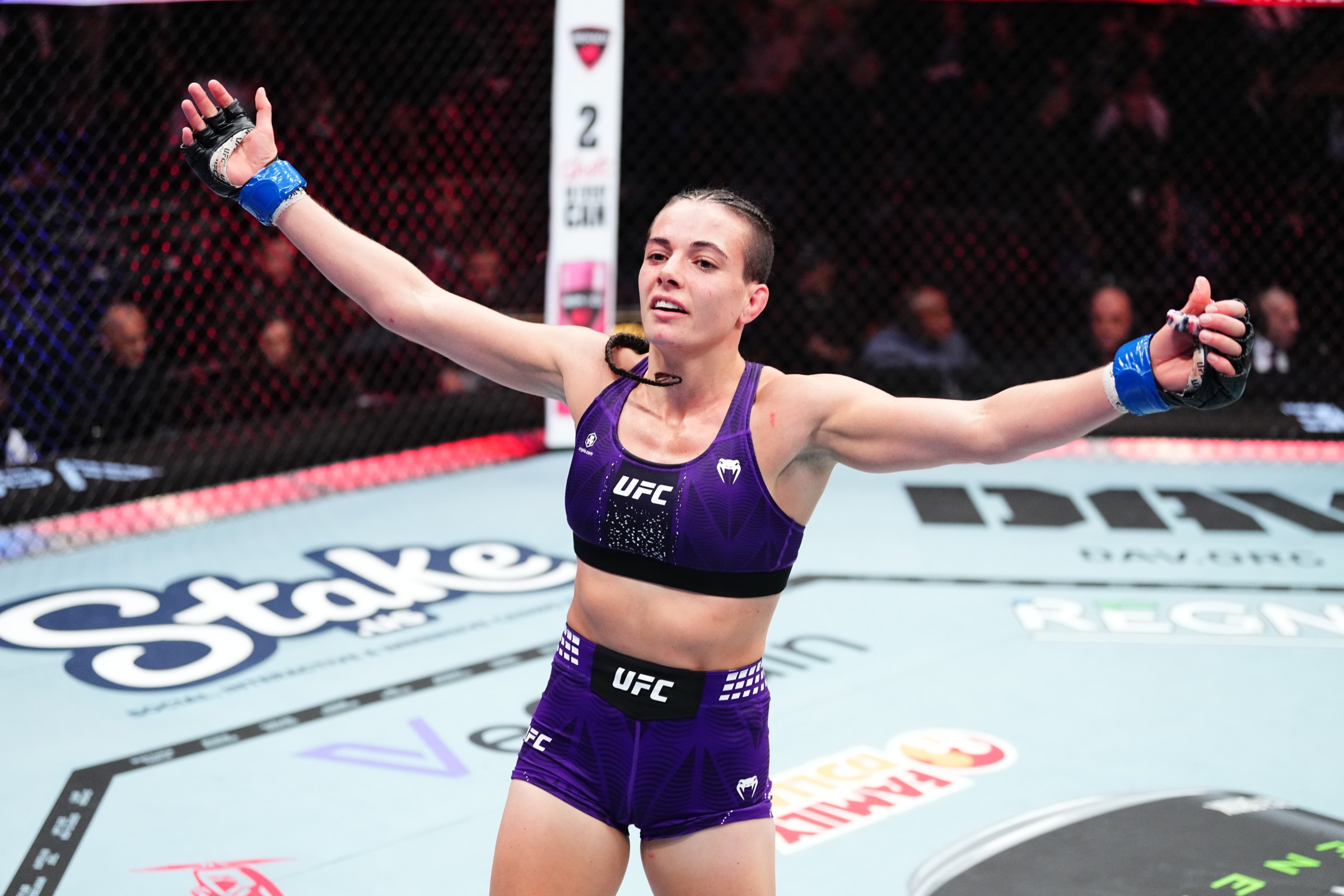 NEW YORK, NEW YORK - NOVEMBER 15: Fatima Kline reacts to the end of a round in a featherweight fight during the UFC 322 event at Madison Square Garden on November 15, 2025 in New York City. (Photo by Jeff Bottari/Zuffa LLC)