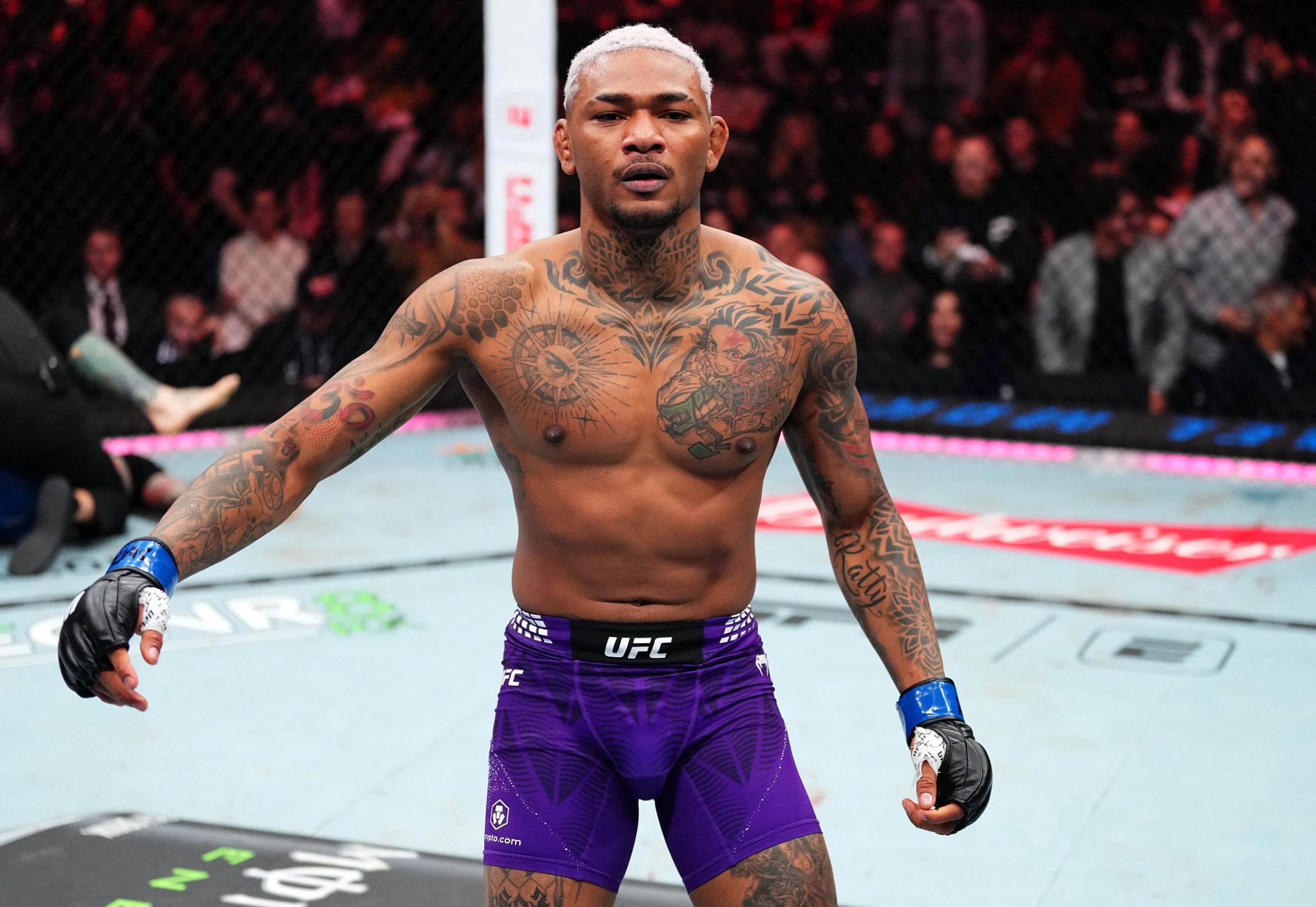 NEW YORK, NEW YORK - NOVEMBER 15: Michael Morales of Ecuador celebrates his knockout of Sean Brady in a welterweight fight during the UFC 322 event at Madison Square Garden on November 15, 2025 in New York City. (Photo by Jeff Bottari/Zuffa LLC)