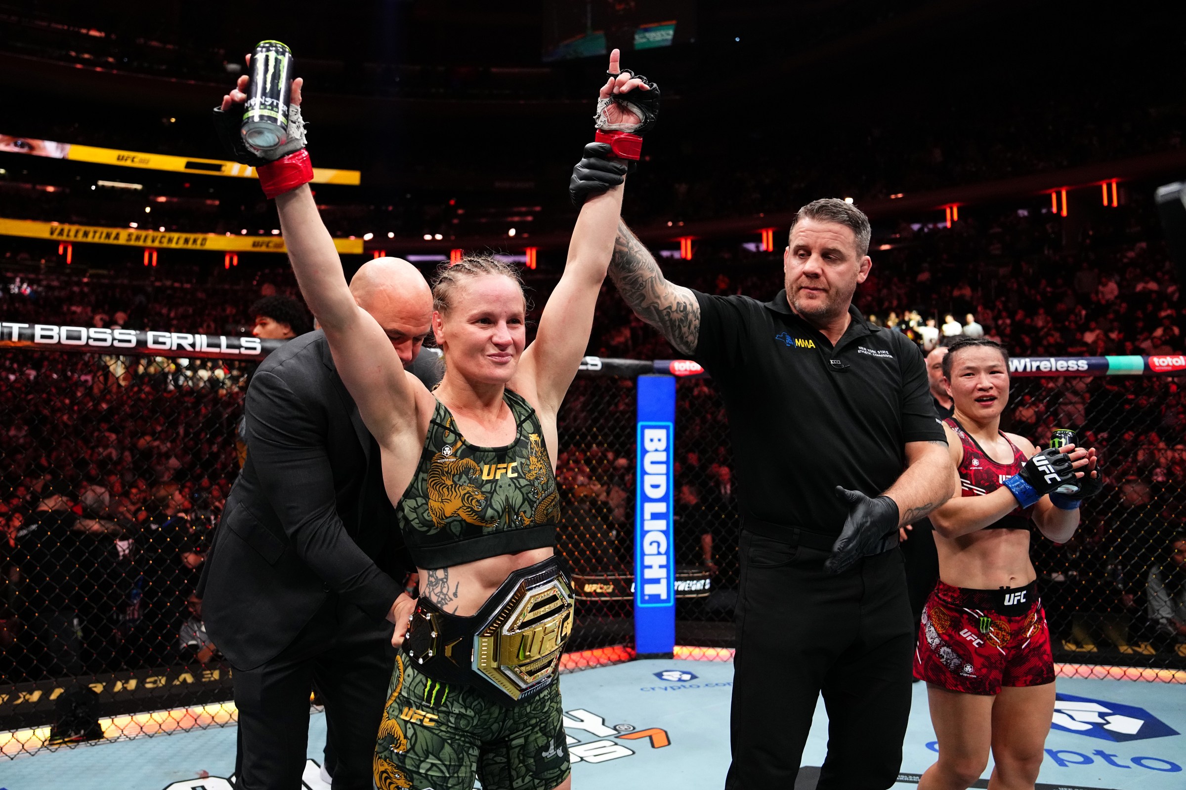 NEW YORK, NEW YORK - NOVEMBER 15: Valentina Shevchenko of Kyrgyzstan reacts after her victory in the UFC flyweight championship fight during the UFC 322 event at Madison Square Garden on November 15, 2025 in New York City. (Photo by Jeff Bottari/Zuffa LLC)