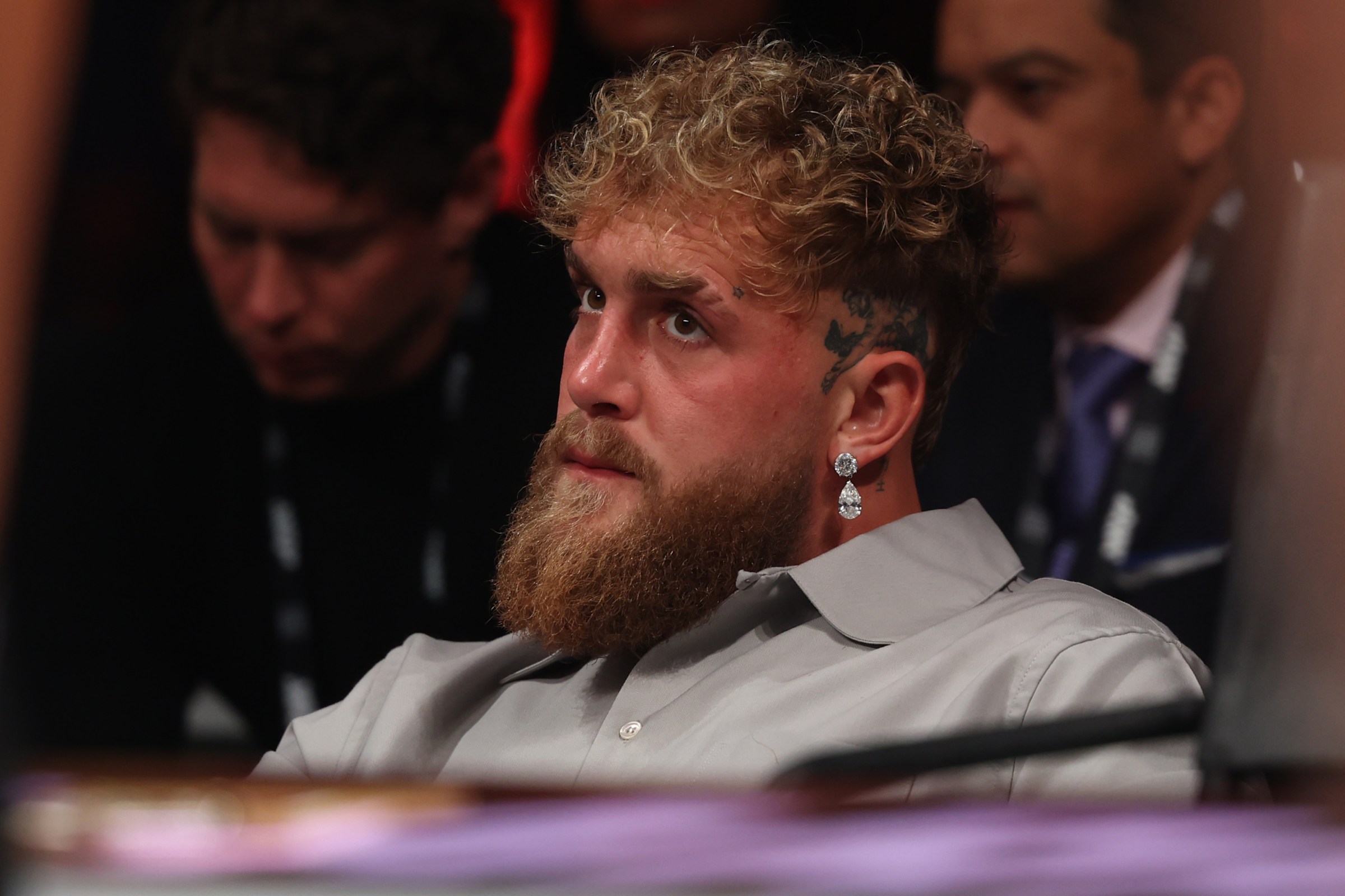 SAN JUAN, PUERTO RICO - JANUARY 03: Jake Paul looks on during a bantamweight bout between Ebanie Bridges and Alexis Araiza at Coliseo Roberto Clemente on January 03, 2026 in San Juan, Puerto Rico. (Photo by Ricardo Arduengo/Getty Images)
