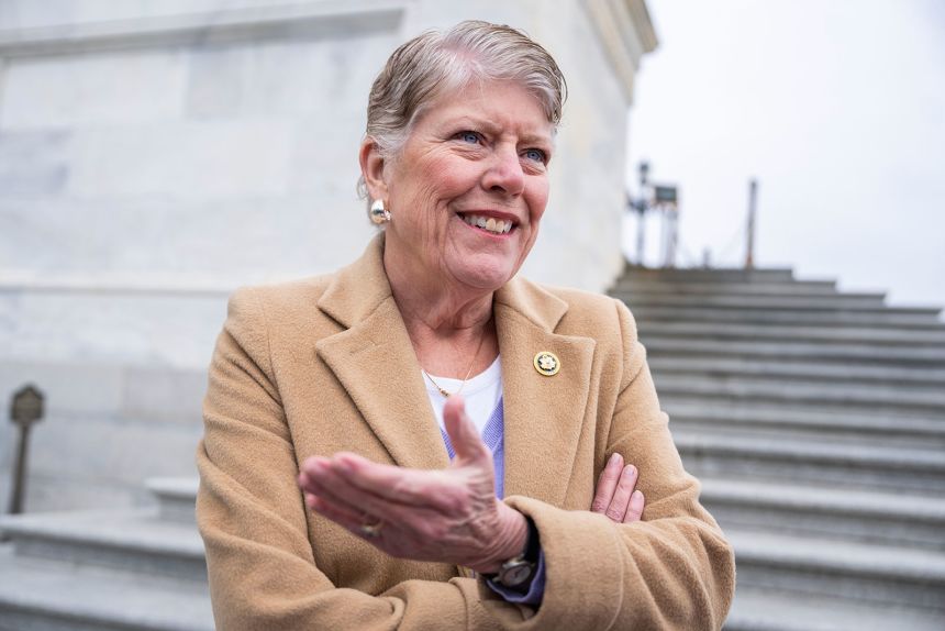Rep. Julia Brownley, D-Calif., talks with reporters outside the US Capitol on January 9.