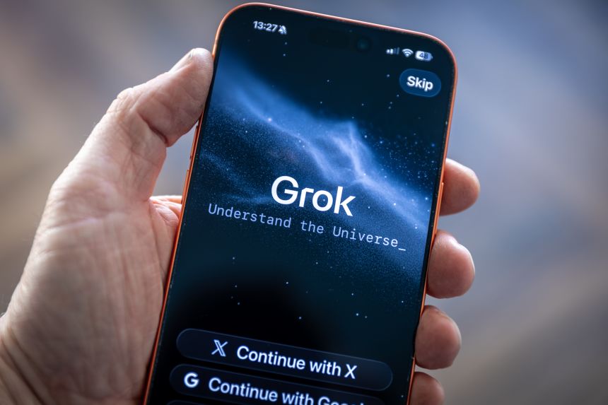 An iPhone screen displaying the Grok app and logo on January 7, 2026.