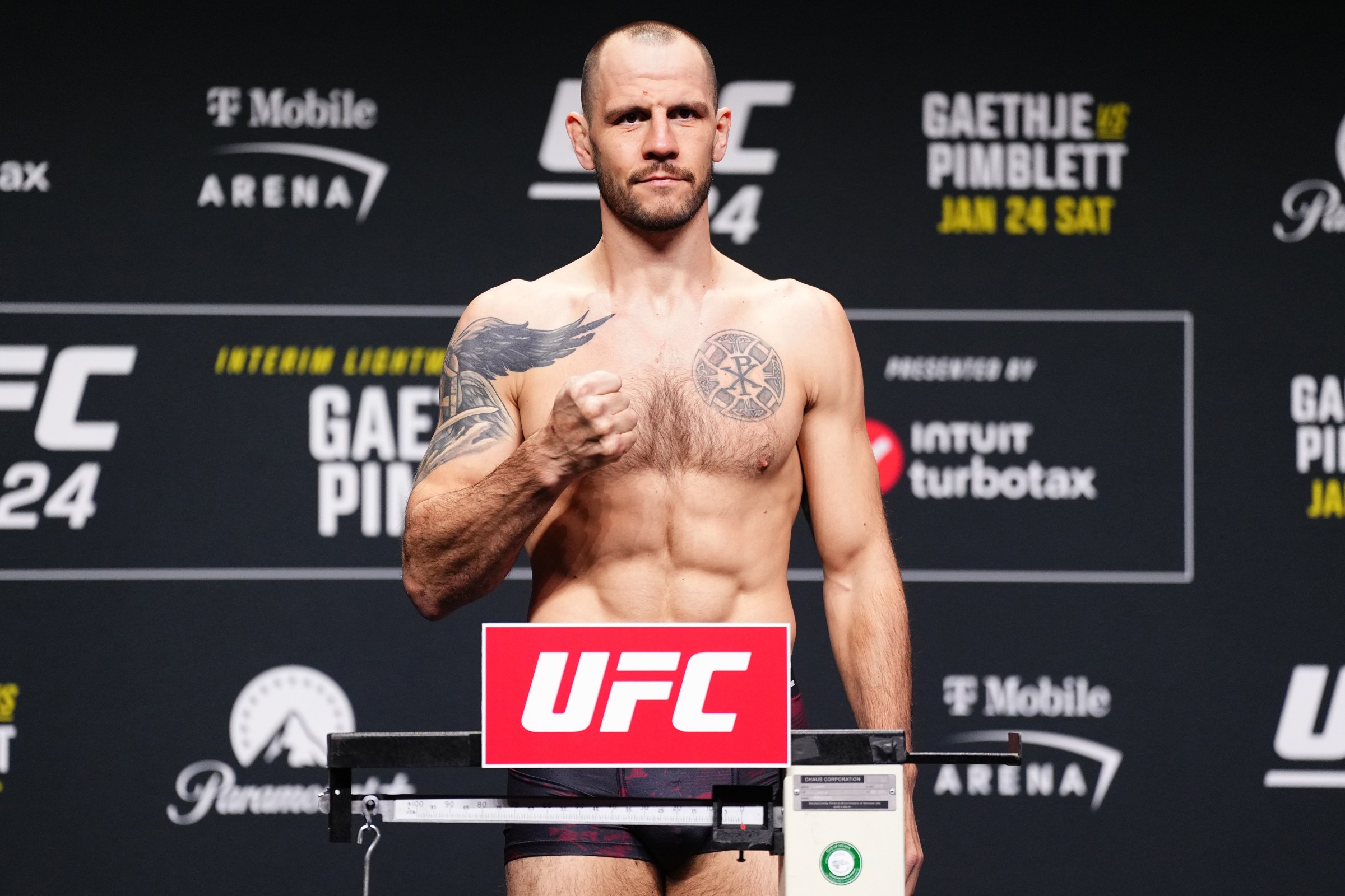 LAS VEGAS, NEVADA - JANUARY 23: Nikita Krylov of Ukraine poses on the scale during the UFC 324 official weigh-in at T-Mobile Arena on January 23, 2026 in Las Vegas, Nevada. (Photo by Jeff Bottari/Zuffa LLC)