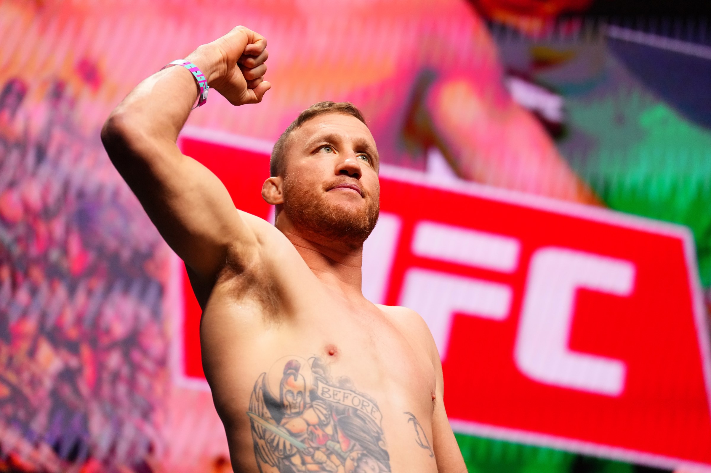 LAS VEGAS, NEVADA - JANUARY 23: Justin Gaethje poses during the UFC 324 ceremonial weigh-in at T-Mobile Arena on January 23, 2026 in Las Vegas, Nevada. (Photo by Chris Unger/Zuffa LLC)