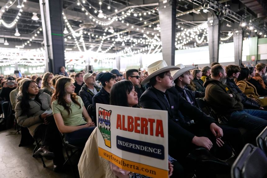 Attendees during the Alberta Independence Town Hall event in Calgary, Alberta, Canada, on January 26, 2026.