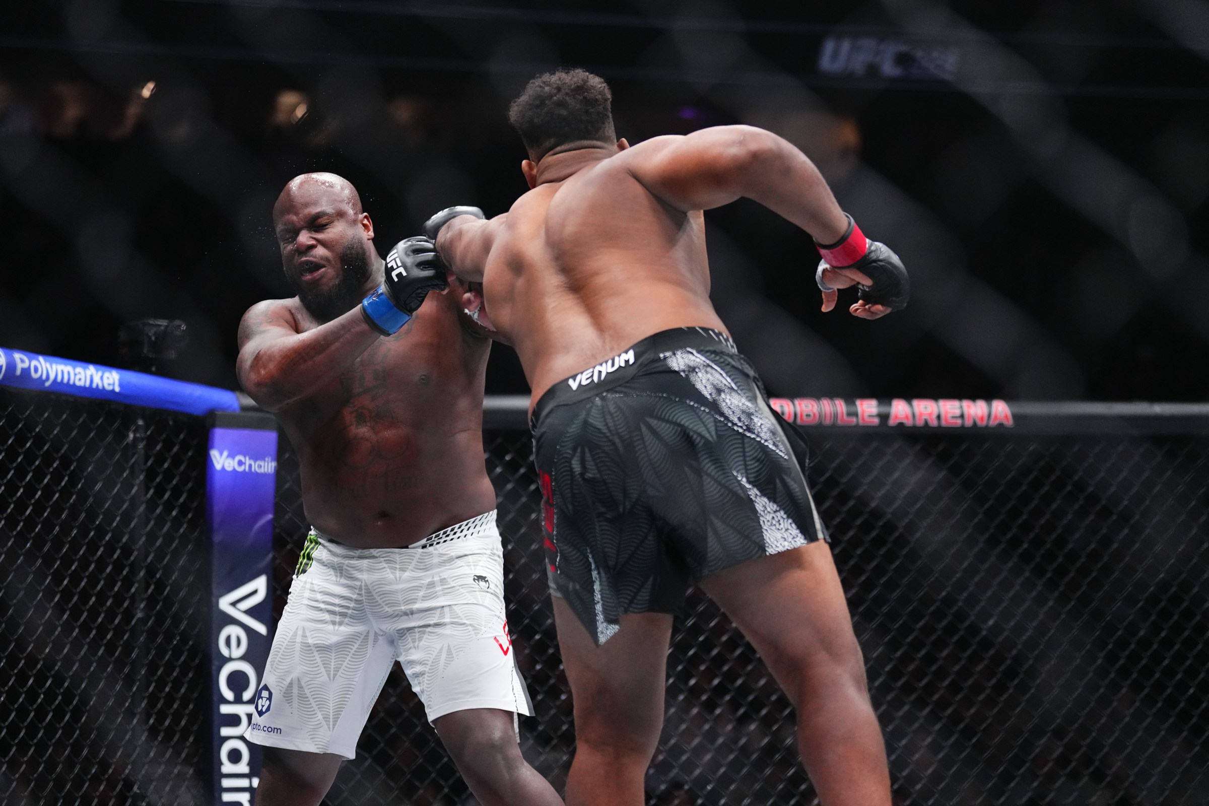 LAS VEGAS, NEVADA - JANUARY 24: (R-L) Waldo Cortes Acosta of the Dominican Republic strikes Derrick Lewis in a heavyweight bout during the UFC 324 event at T-Mobile Arena on January 24, 2026 in Las Vegas, Nevada. (Photo by Jeff Bottari/Zuffa LLC)