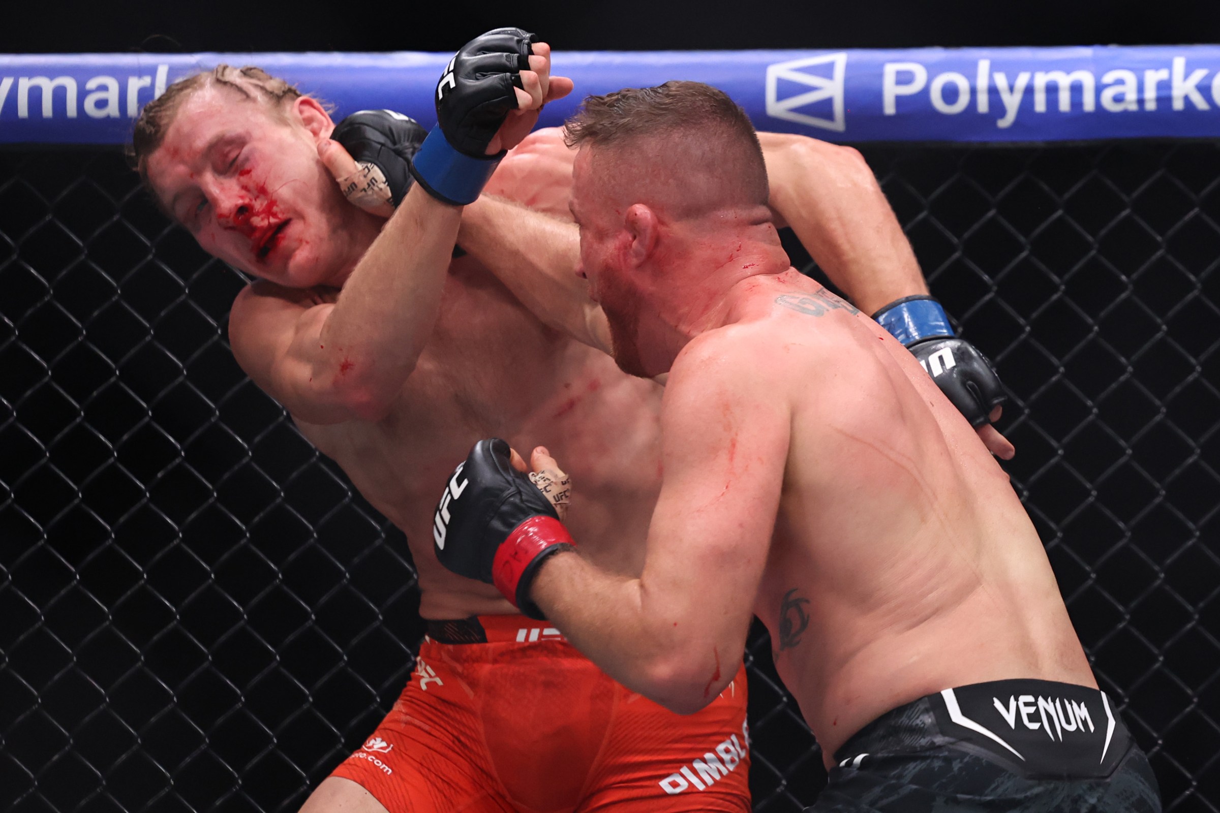 LAS VEGAS, NEVADA - JANUARY 24: Justin Gaethje of the United States punches Paddy Pimblett of England during their interim lightweight title bout in UFC 324 at T-Mobile Arena on January 24, 2026 in Las Vegas, Nevada. (Photo by Ian Maule/Getty Images)
