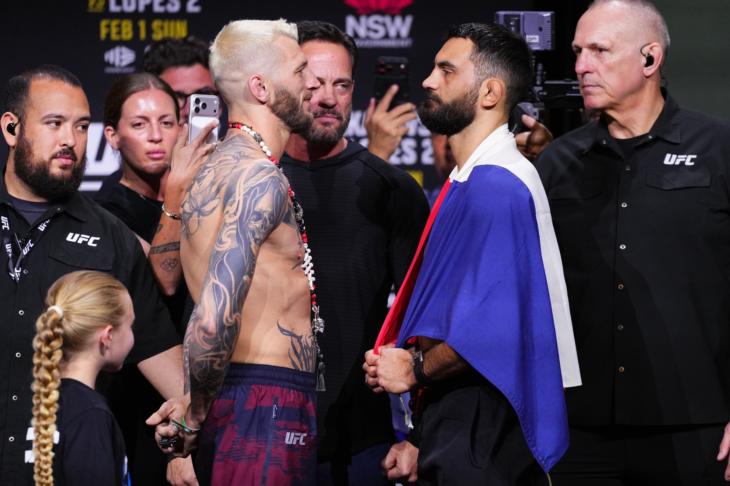 SYDNEY, AUSTRALIA - JANUARY 30: (L-R) Opponents Dan Hooker of New Zealand and Benoit Saint Denis of France face off during the UFC 325 Ceremonial Weigh-in at Qudos Bank Arena on January 30, 2026 in Sydney, Australia. (Photo by Jeff Bottari/Zuffa LLC)
