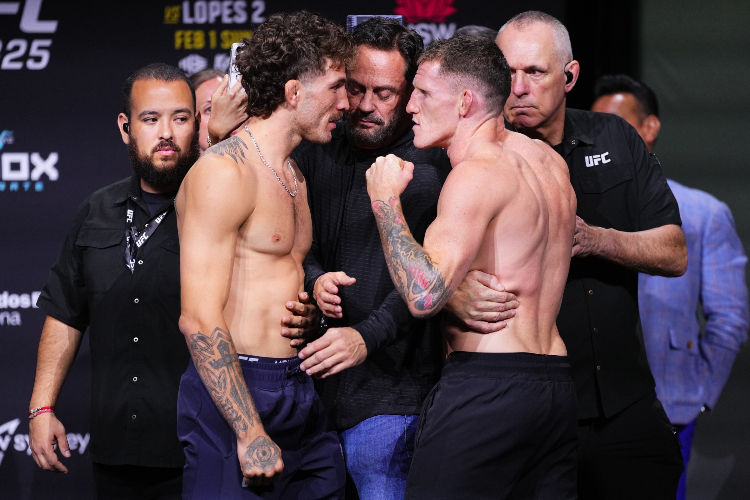 SYDNEY, AUSTRALIA - JANUARY 30: (L-R) Opponents Quillan Salkilld of Australia and Jamie Mullarkey of Australia face off during the UFC 325 Ceremonial Weigh-in at Qudos Bank Arena on January 30, 2026 in Sydney, Australia. (Photo by Jeff Bottari/Zuffa LLC)