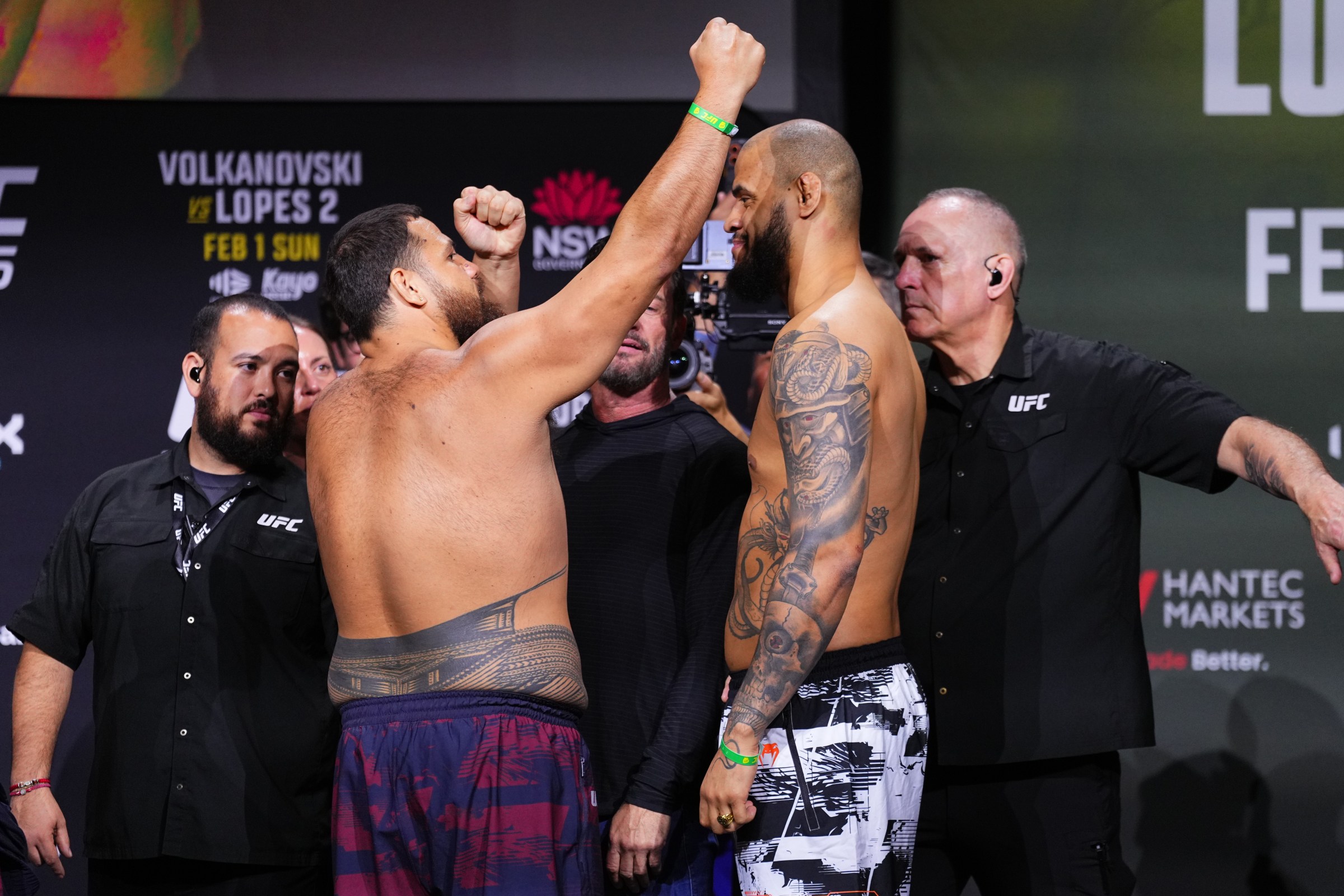SYDNEY, AUSTRALIA - JANUARY 30: (L-R) Opponents Tai Tuivasa of Australia and Tallison Teixeira of Brazil face off during the UFC 325 Ceremonial Weigh-in at Qudos Bank Arena on January 30, 2026 in Sydney, Australia. (Photo by Jeff Bottari/Zuffa LLC)