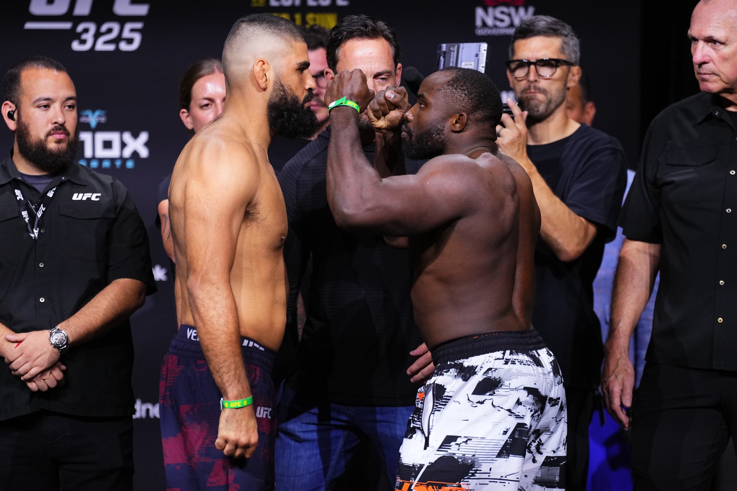 SYDNEY, AUSTRALIA - JANUARY 30: (L-R) Opponents Jacob Malkoun of Australia and Torrez Finney face off during the UFC 325 Ceremonial Weigh-in at Qudos Bank Arena on January 30, 2026 in Sydney, Australia. (Photo by Jeff Bottari/Zuffa LLC)