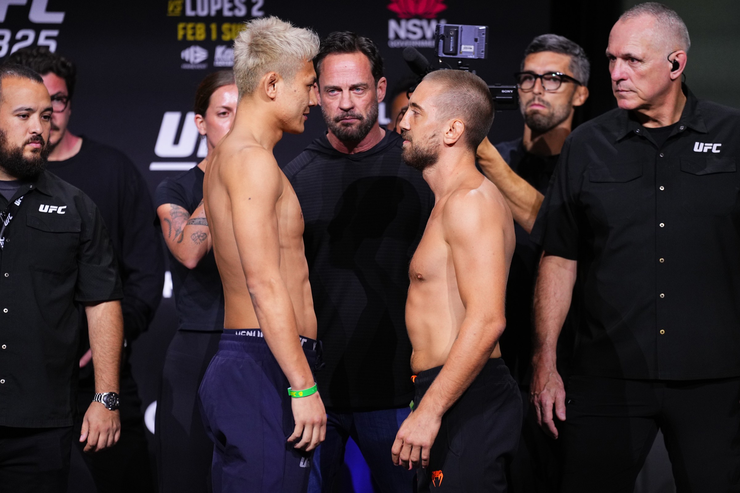SYDNEY, AUSTRALIA - JANUARY 30: (L-R) Opponents Keiichiro Nakamura of Japan and Sebastian Szalay of Australia face off during the UFC 325 Ceremonial Weigh-in at Qudos Bank Arena on January 30, 2026 in Sydney, Australia. (Photo by Jeff Bottari/Zuffa LLC)