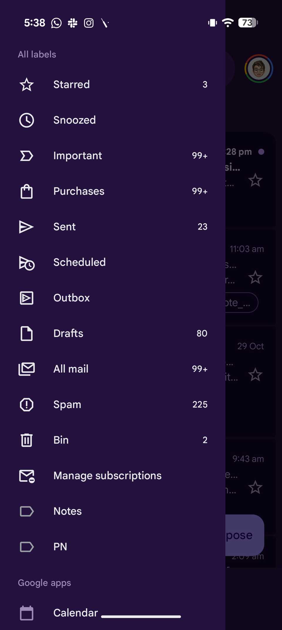 Sidebar tabs in Gmail app