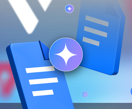 Google Docs icons floating around Gemini logo.