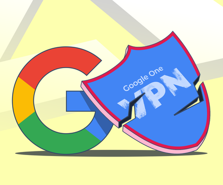 Google 'G' logo next to a broken blue shield labeled 'Google One VPN'.
