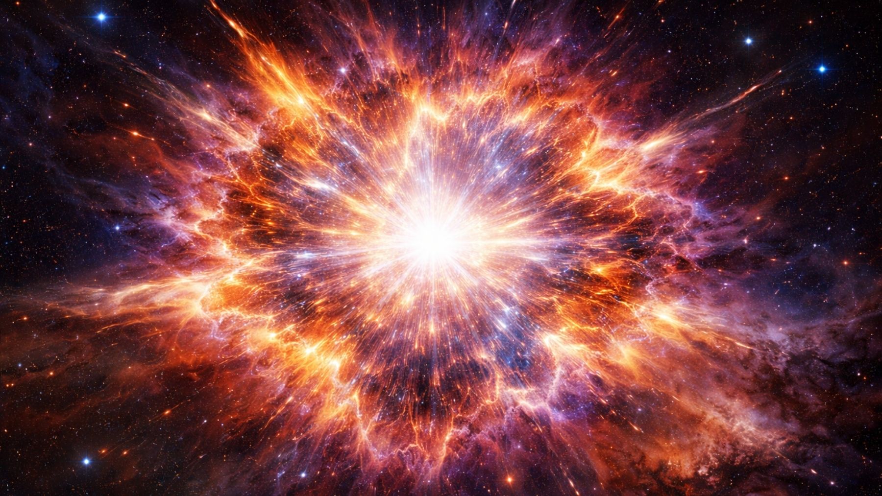 Illustration of a powerful gamma-ray burst explosion, with a bright central flash and expanding energy waves in deep space.