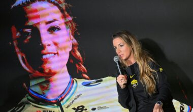 Visma-Lease a bike's French rider Pauline Ferrand-Prevot attends a press conference during the presentation of the Visma-Lease a Bike cycling team at La Nucia near Alicante, eastern Spain on January 13, 2026. (Photo by Jose Jordan / AFP)