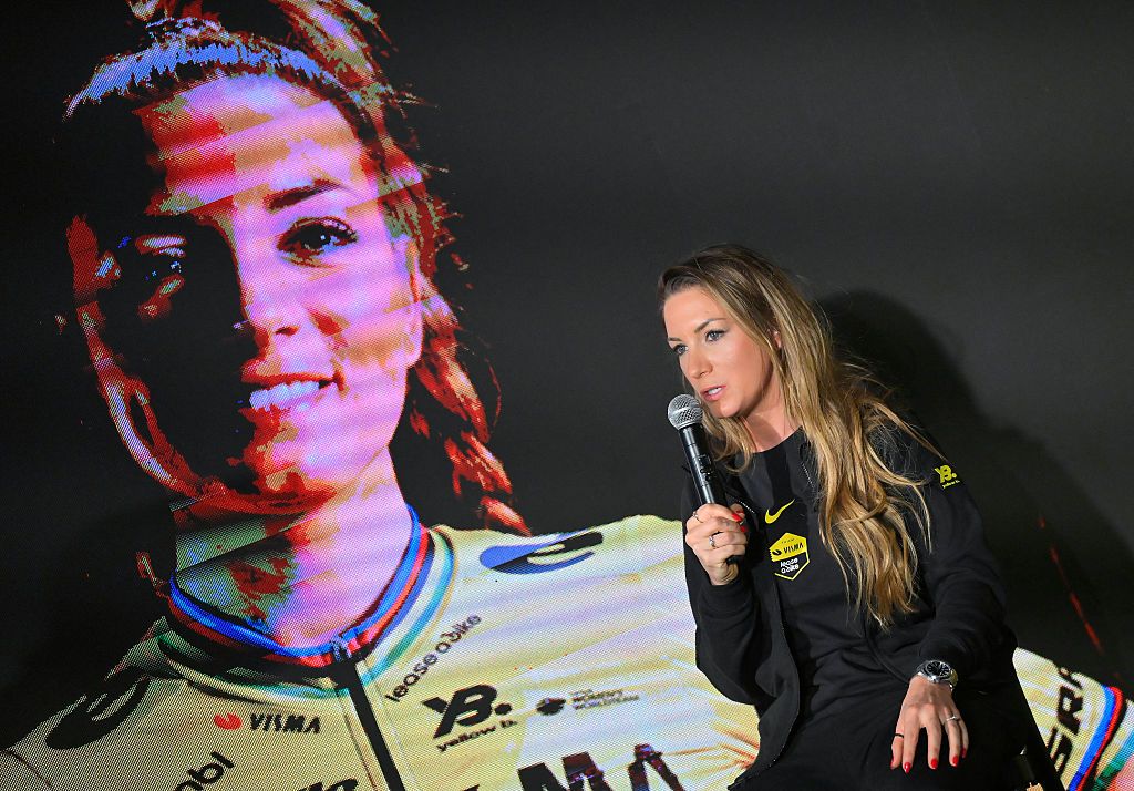 Visma-Lease a bike's French rider Pauline Ferrand-Prevot attends a press conference during the presentation of the Visma-Lease a Bike cycling team at La Nucia near Alicante, eastern Spain on January 13, 2026. (Photo by Jose Jordan / AFP)