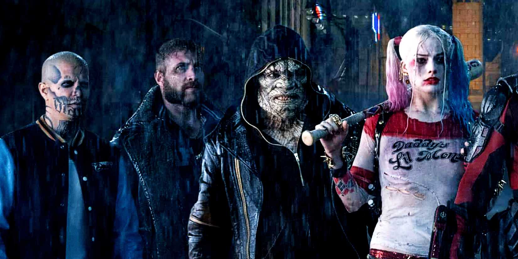 Harley Quinn, Killer Croc, Captain Boomerang, and El Muerto assemble under the rain in David Ayer's Suicide Squad