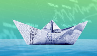 An illustration showing a paper boat made from a £10 note floating on water, with stock market graphs in the background.