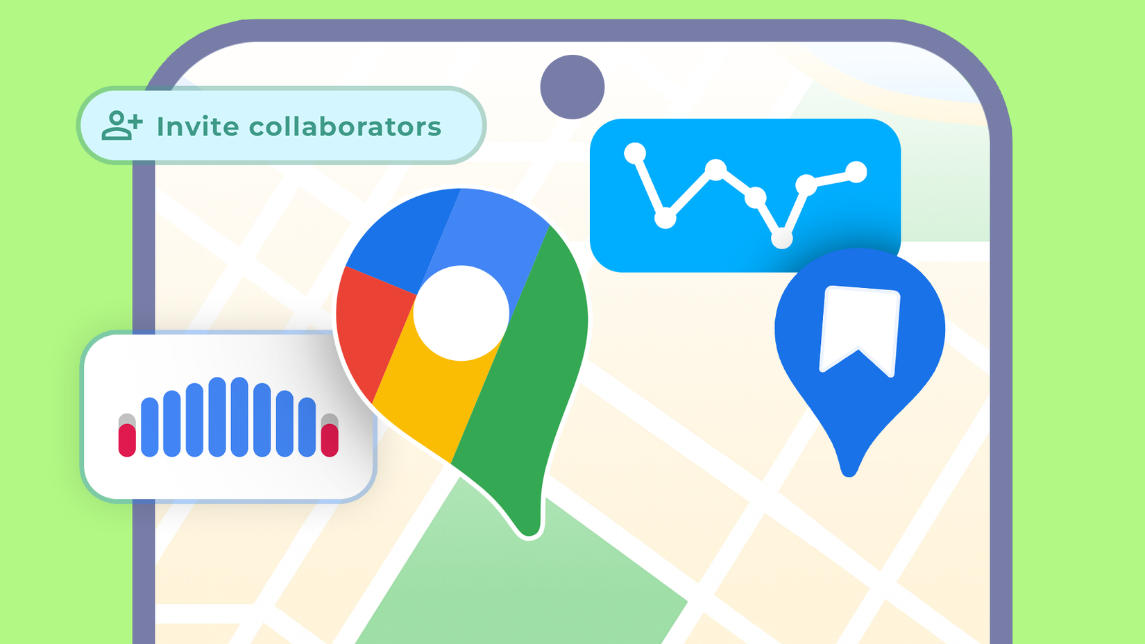 Illustration of a smartphone screen displaying the Google Maps logo along with icons for saved places, popular times, Maps Timeline, and an 'Invite collaborators' button