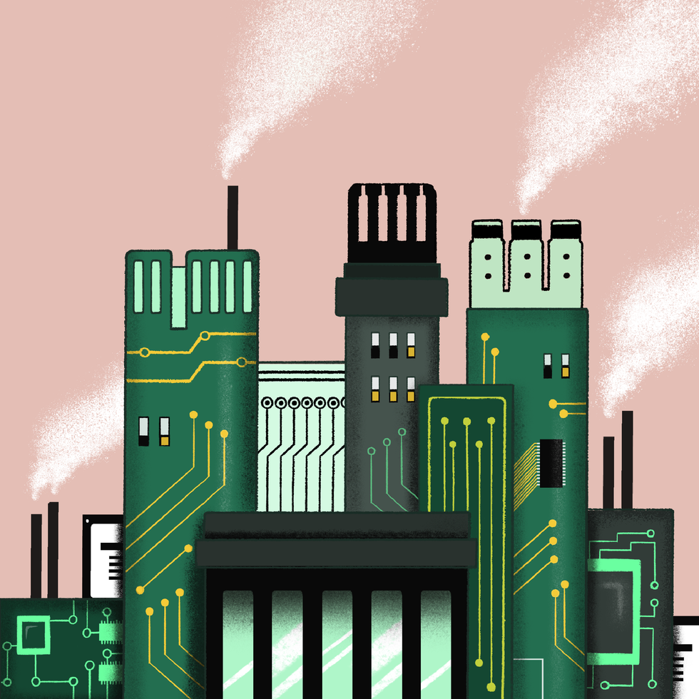 Illustration of circuit board cityscape with smokestacks on a pink background.