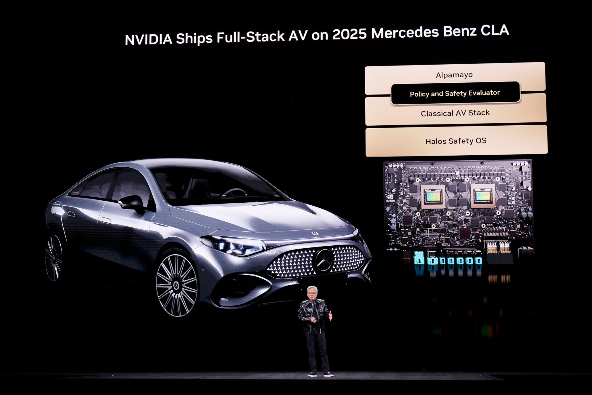 Jensen Huang, chief executive officer of Nvidia Corp., talks about partnering with Mercedes Benz during the Nvidia Live event at CES 2026