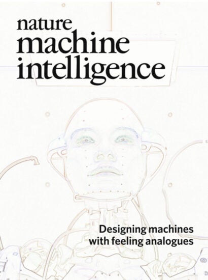 Cover of Nature: Machine Intelligence. Text reads "Designing machines with feeling analogues."