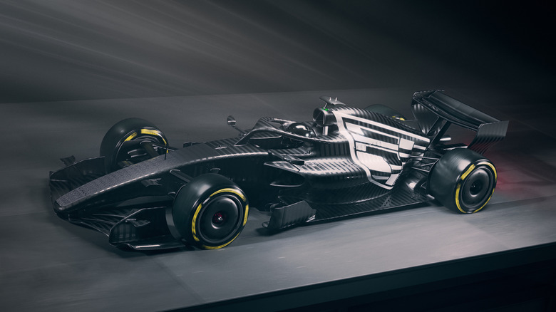A front three-quarters view of Cadillac's 2026 F1 car with its test livery