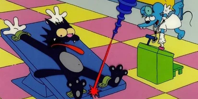 A mouse tries to torture a cat in "Itchy and Scratchy The Movie" from The Simpsons.
