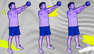 triple image with a purple overlay of a man doing a kettlebell swing as part of the best longevity workout plan