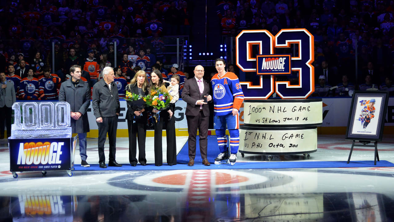 Oilers celebrate Nugent-Hopkins's 1,000th NHL game