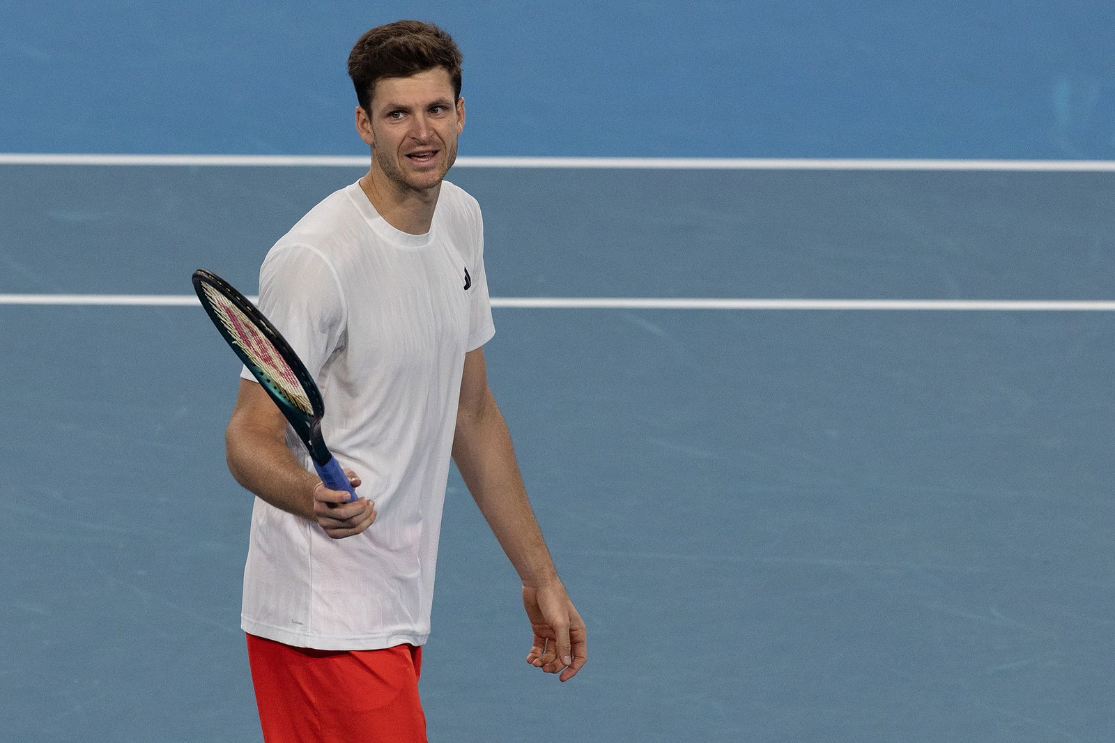 Hubert Hurkacz of Poland reacts in his men's final match against Switzerland Stan Wawrinka during the United Cup at Ken Rosewall Arena on January 11, 2026 in Sydney, Australia