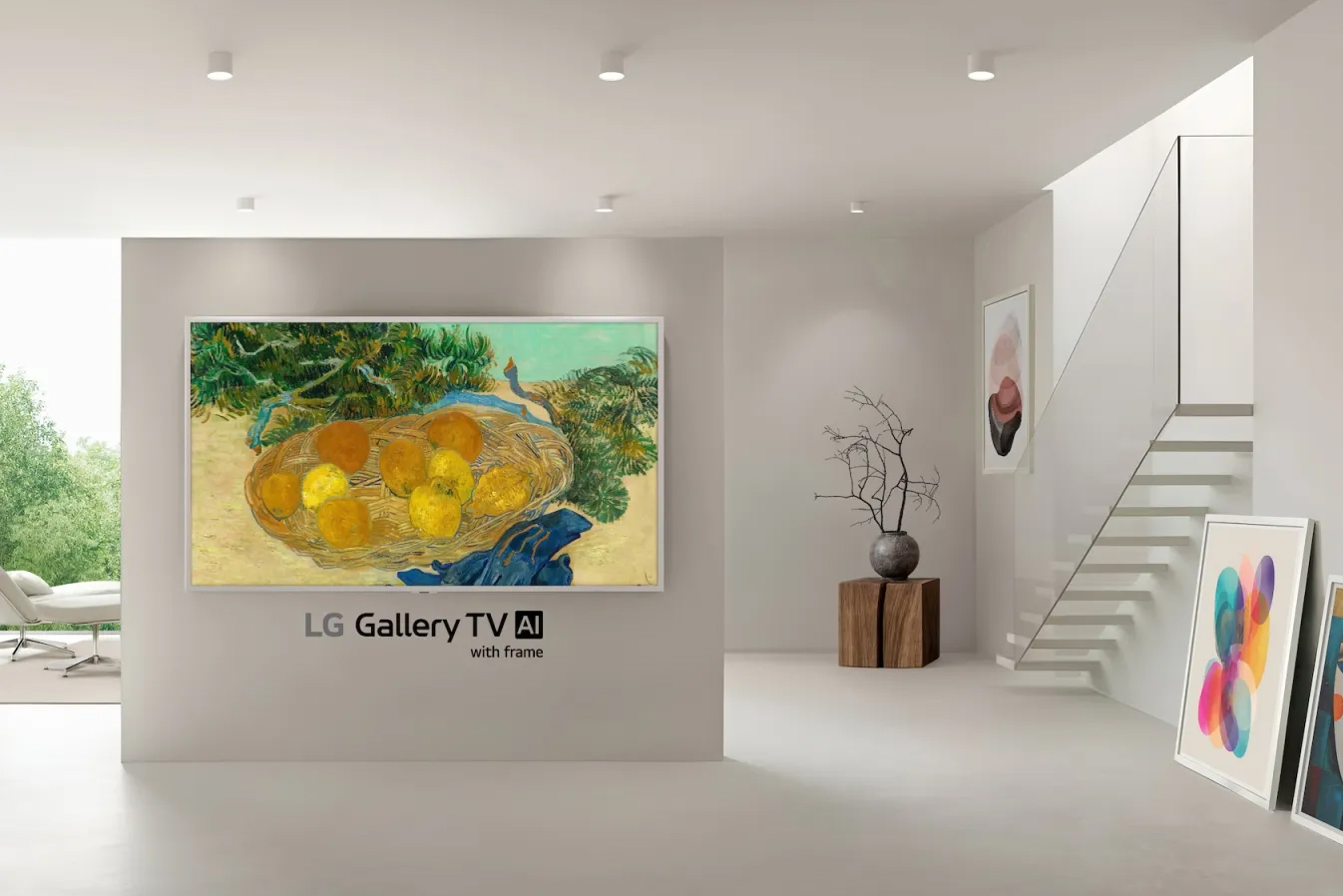 The LG Gallery TV mounted to a wall displaying a painting.