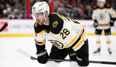 Bruins' Elias Lindholm exits vs. Predators with upper-body injury