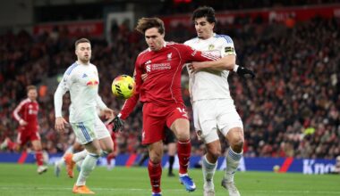 LIVERPOOL, ENGLAND - JANUARY 01: Federico Chiesa of Liverpool is challenged by Pascal Struijk of Leeds United during the Premier League match between Liverpool and Leeds United at Anfield on January 01, 2026 in Liverpool, England. (Photo by Jan Kruger/Getty Images)