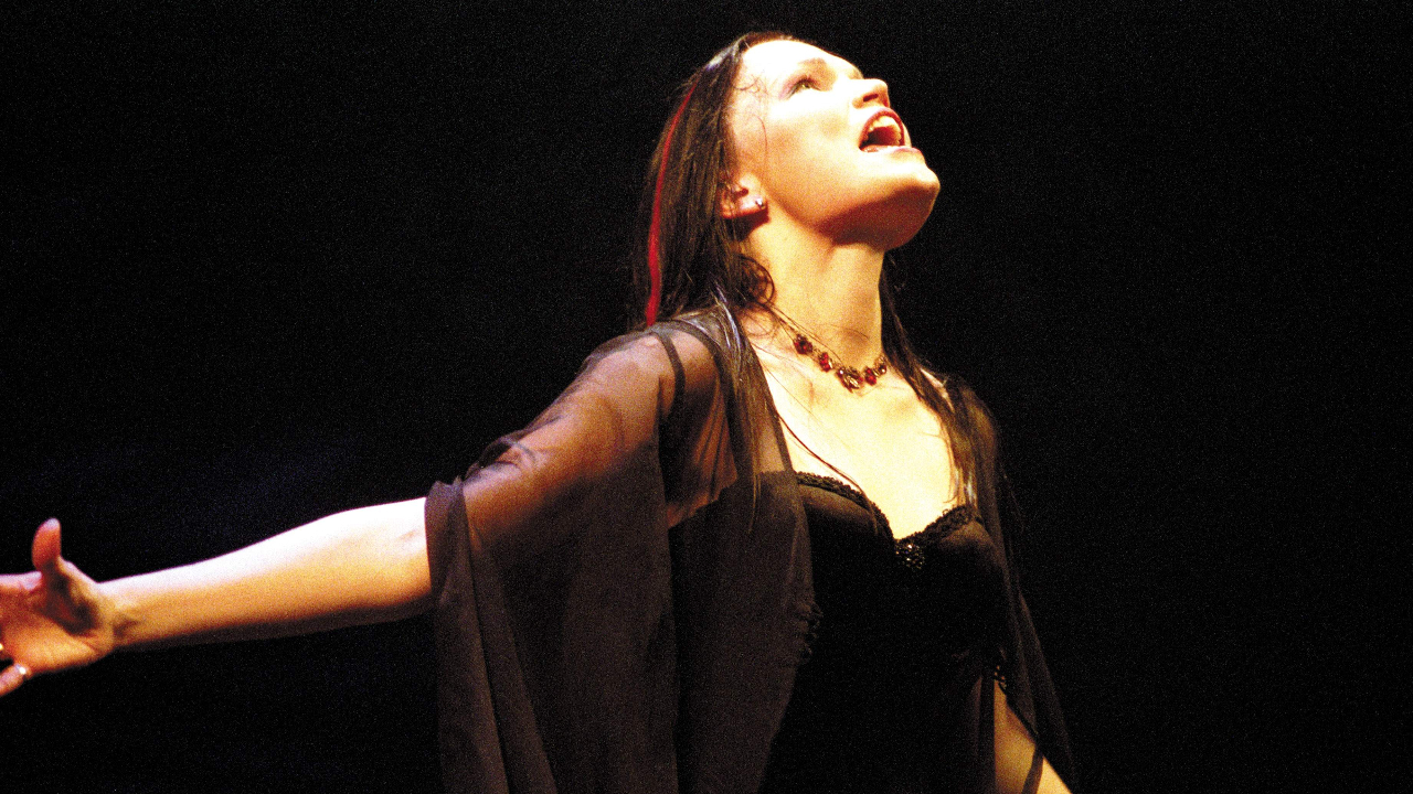 Tarja Turunen shouting on stage in 2002
