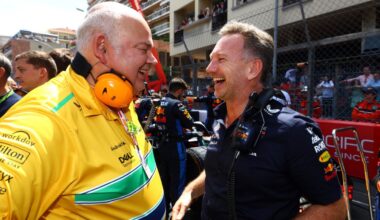 Oracle Red Bull Racing Team Principal Christian Horner talks with Rob Marshall, Chief Designer at McLaren on the grid prior to the F1 Grand Prix of Monaco at Circuit de Monaco on May 26, 2024 in Monte-Carlo, Monaco. (Photo by Mark Thompson/Getty Images) // Getty Images / Red Bull Content Pool