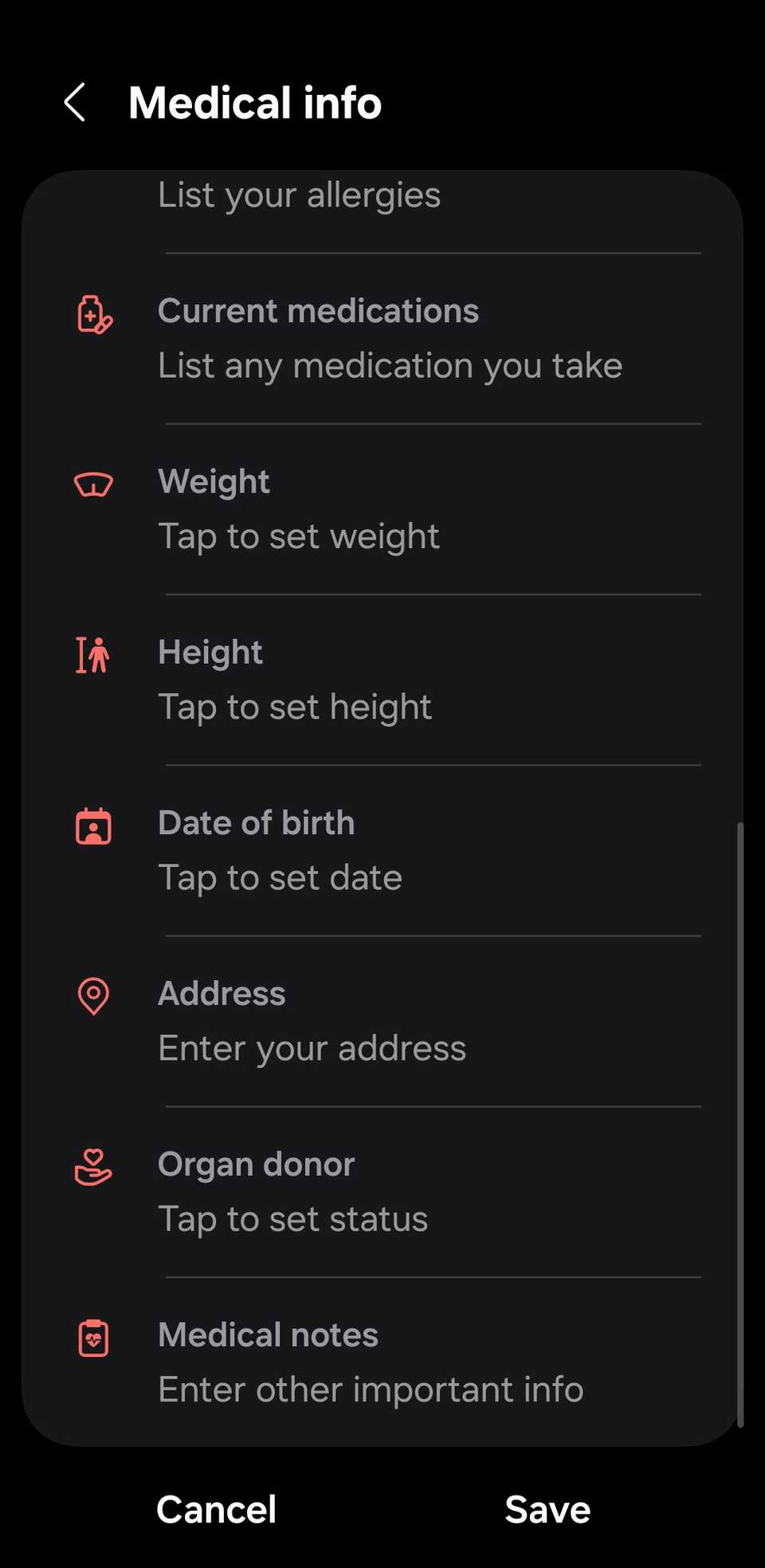 Medical info page on Android