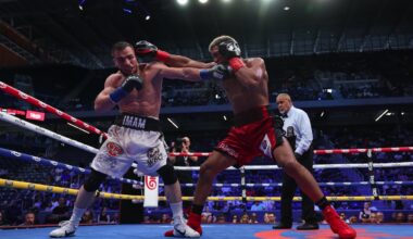 David Morrell exchanges punches with Imam Khataev during their light heavyweight bout on July 12 2025 at Louis Armstrong Stadium in Queens New York.