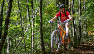 A mountain biker jumps over a small section of a dirt path in a lush green forest. The cyclist, wearing a helmet and a red t-shirt, shows an expression of excitement as he rides an orange mountain bike. Surrounding trees and foliage create a vibrant and natural backdrop.