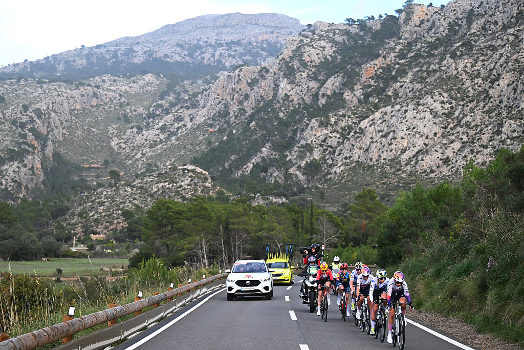 ANDRATX, SPAIN - JANUARY 26: A general view of Marta Jaskulska of Poland and Team Human Powered Health, Mie Bjorndal Ottestad of Norway and Team Uno-X Mobility, Karlijn Swinkels of Netherlands, Eleonora Camilla Gasparrini of Italy and UAE Team ADQ, Liane Lippert of Germany, Cat Ferguson of Great Britain and Movistar Team and Anna Henderson of Great Britain and Team Lidl - Trek and Debora Silvestri of Italy and Team Laboral Kutxa - Fundacion Euskadi compete in the breakaway during the 3rd Challenge Femenino Ciclista Mallorca 2026, Trofeo Binissalem-Andratx a 108.2km one day race from Binissalem to Port d&amp;apos;Andratx / The race has been delayed due to strong winds. The route has been shortened a total distance of 75 km / on January 26, 2026 in Andratx, Spain. (Photo by Tim de Waele/Getty Images)