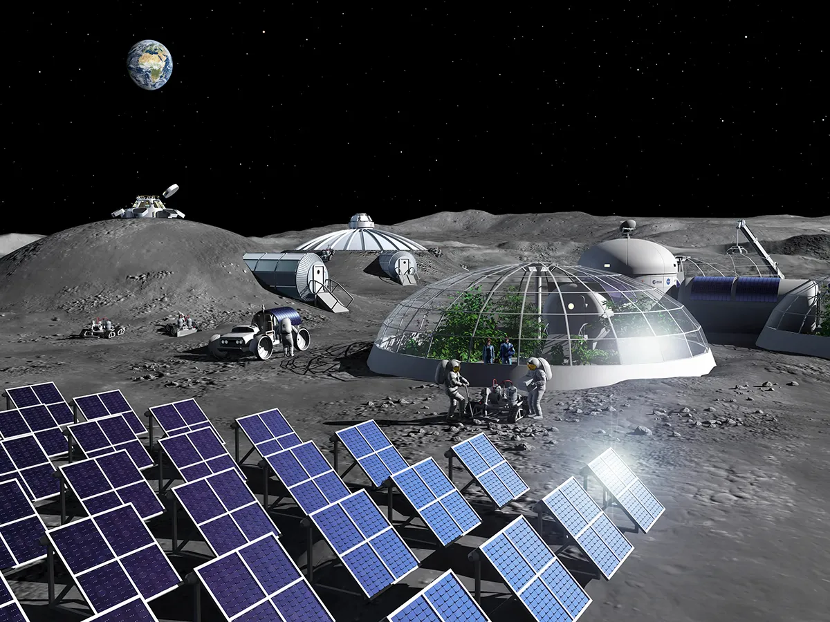 Artist's impression showing a lunar settlement, with astronauts growing crops on the Moon. Credit: NASA