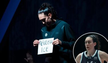 Liberty star Breanna Stewart holds 'abolish ICE' sign before Unrivaled game