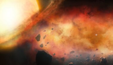 At left is a star with a debris disk and at center is more debris, a lot of rocks inside a dusty cloud.