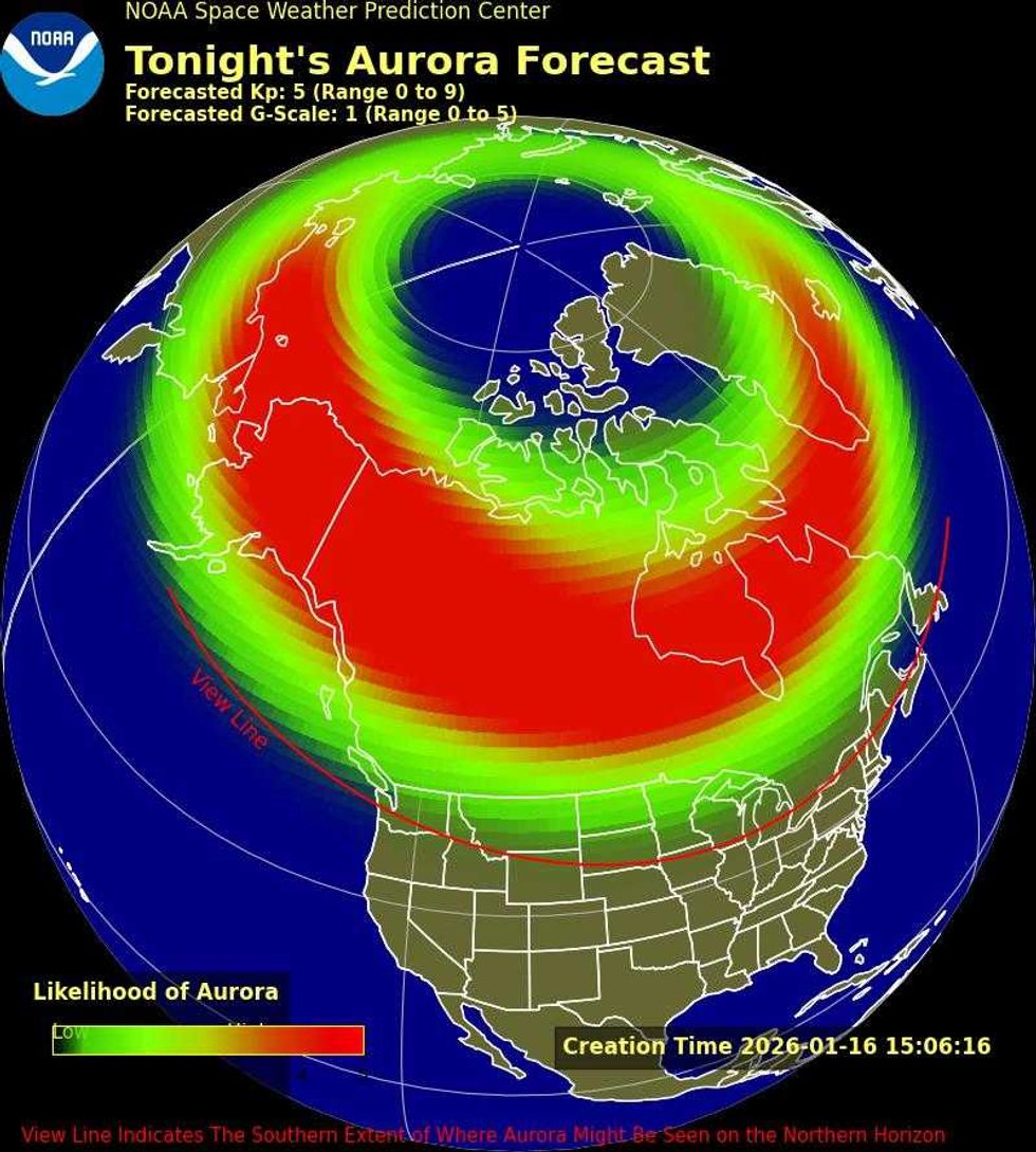 northern lights forecast map of canada and the us for january 16 2026