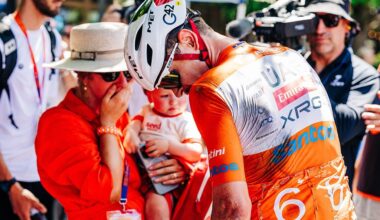 STIRLING, AUSTRALIA - JANUARY 25: Jay Vine of UAE Team Emirates &ndash; XRG and his wife Bre Vine inspect his injuries sustained from a crash during the 2026 Tour Down Under on January 25, 2026 in Stirling, Australia. (Photo by James Raison/Getty Images)
