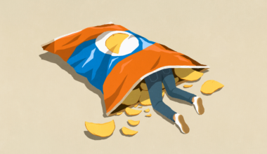 Person inside large potato chip bag