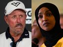 Phil Mickelson on day one of LIV Golf Chicago at Bolingbrook Golf Club on August 8, 2025 in Bolingbrook, Illinois.  U.S. Rep. Ilhan Omar (D-MN) speaks at City Hall following a mass shooting at Annunciation Catholic School on August 28, 2025 in Minneapolis.