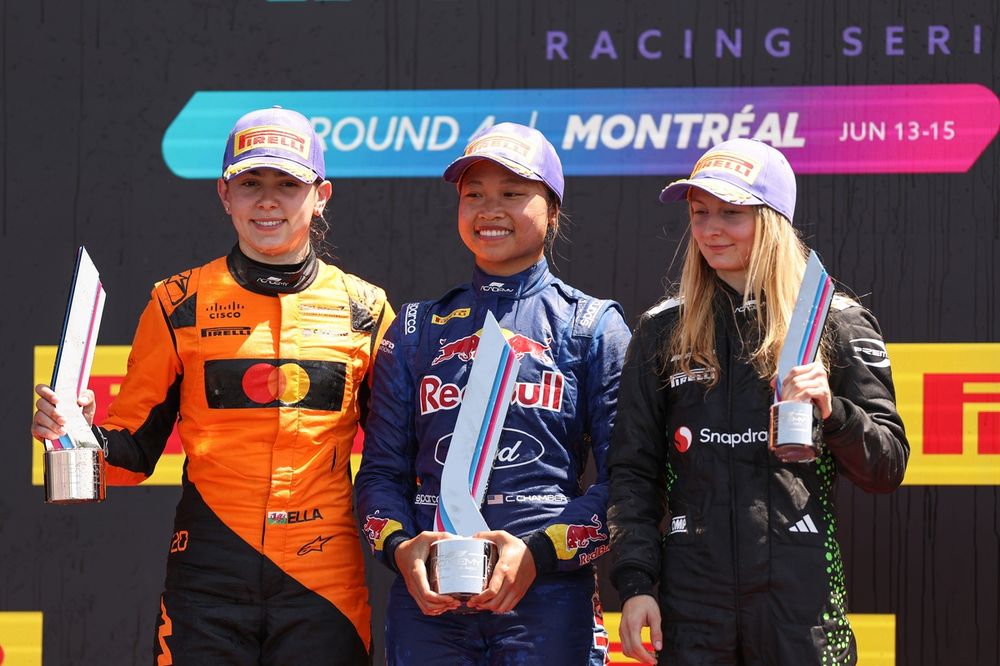 Podium: Race winner Chloe Chambers, Campos Racing, second place Ella Lloyd, Rodin Motorsport, third place Doriane Pin, PREMA Racing
